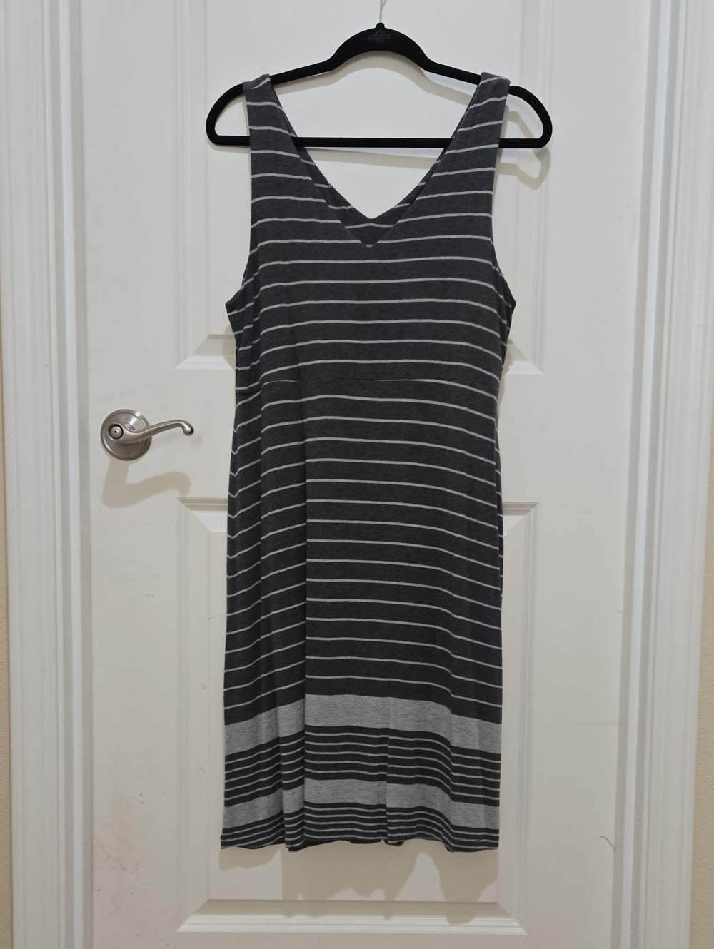 Athleta Gray & Light Gray Striped V-Neck Midi Dress